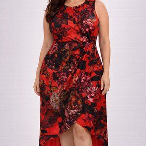 Calvin Klein Floral Sleeveless Faux Wrap Midi Dress Red Black Sz 14 Fully Lined